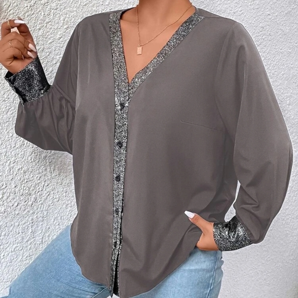 Shein Plus Contrast Trim Button Front Blouse